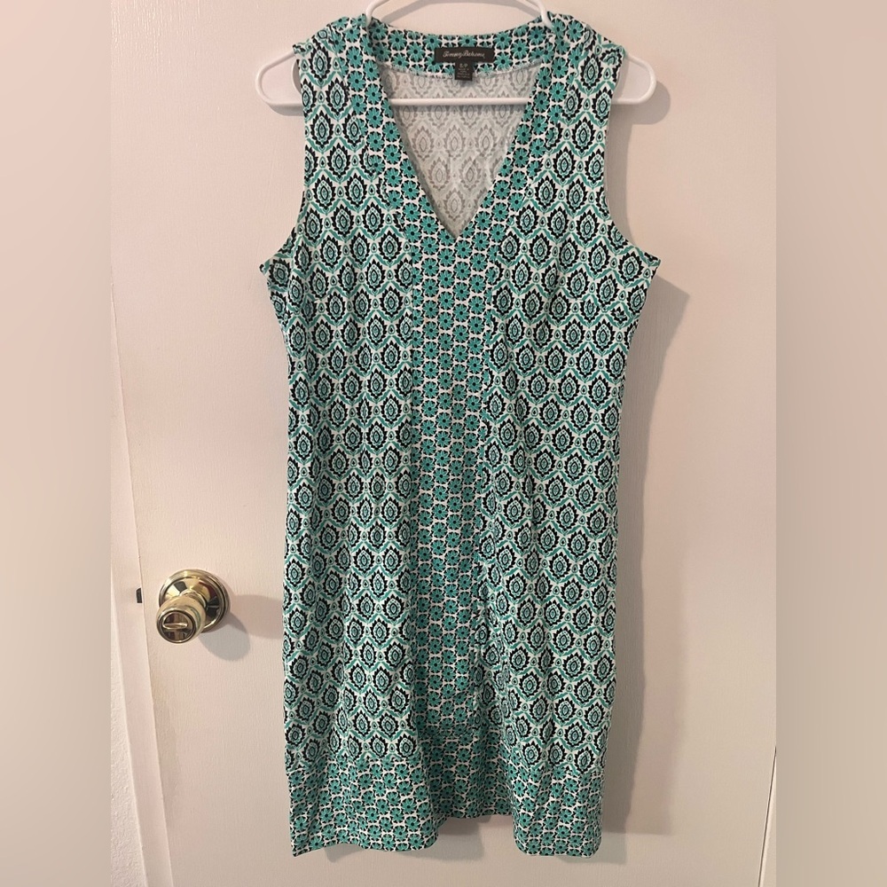 Tommy Bahama Pima Cotton Geometric Pattern Dress V-Neck Size Small Teal Green